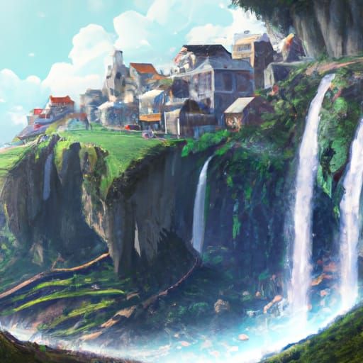 Cliffside Village Waterfall in Anime Style