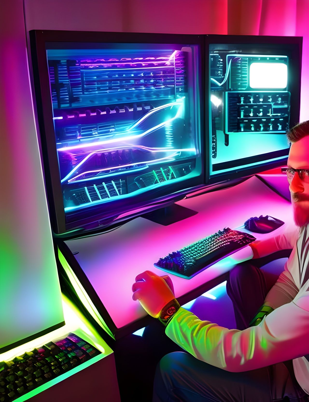 Nerdy Man at Gaming PC with LED Lighting
