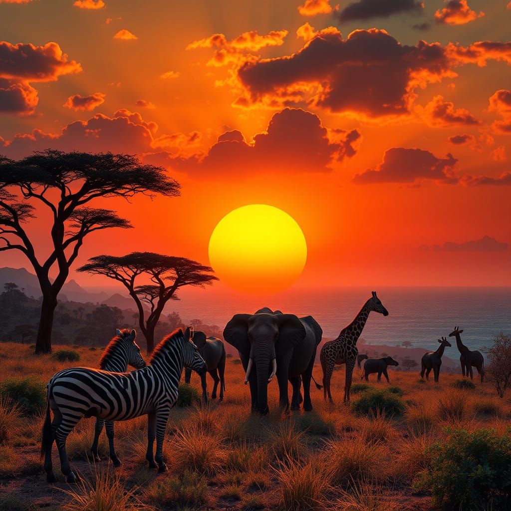 African Sunset Savanna Scene with Wildlife