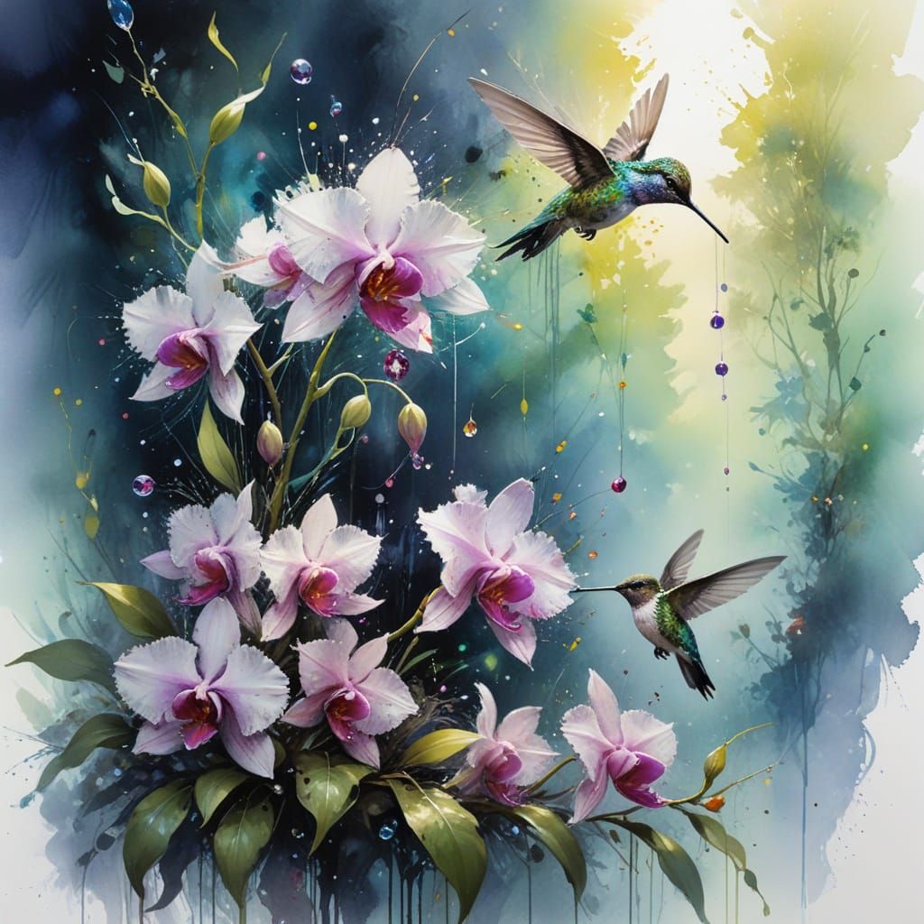 Hummingbird Chicks and Bioluminescent Orchids at Twilight