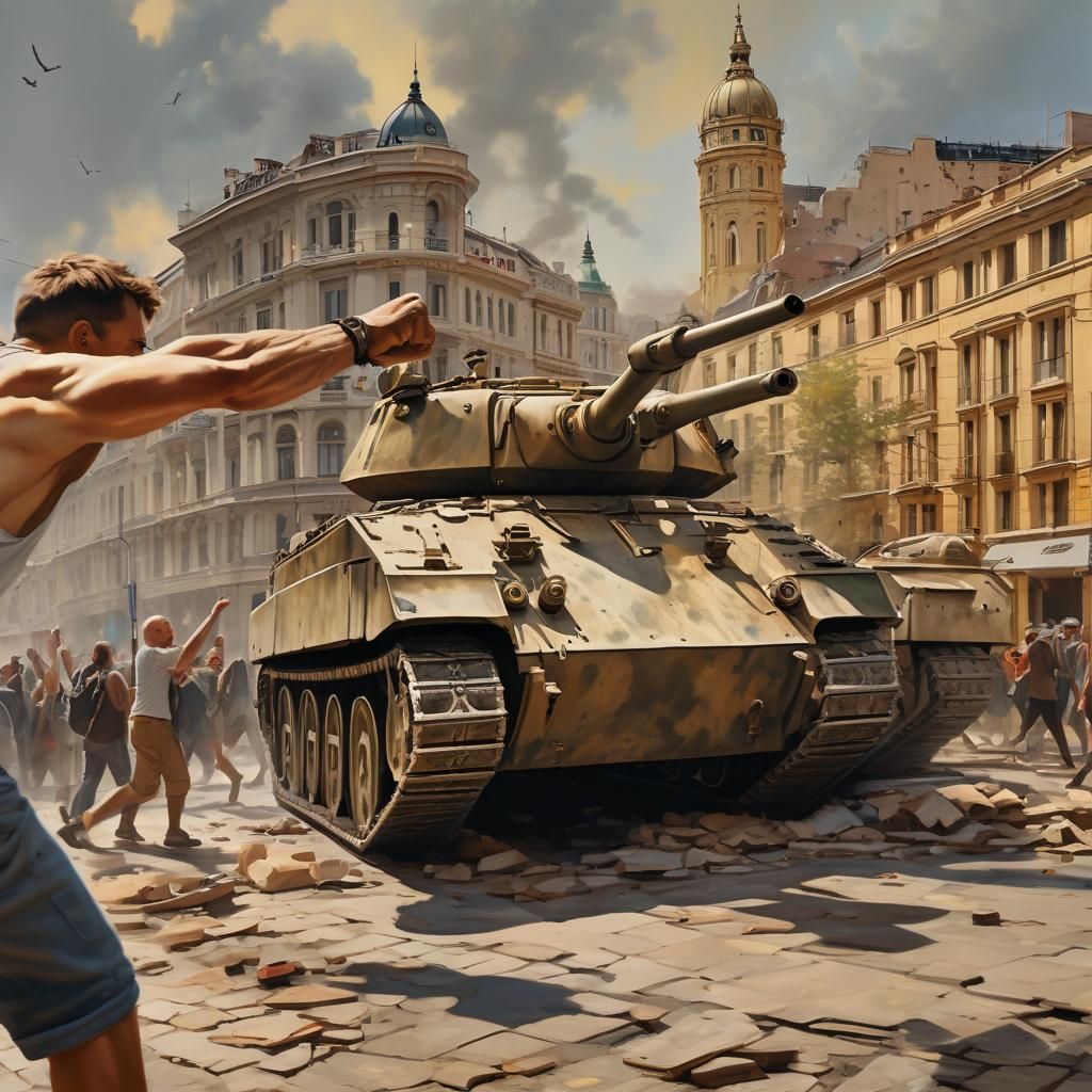 Defiant Protestor Attacks Tank: Surrealist War Art