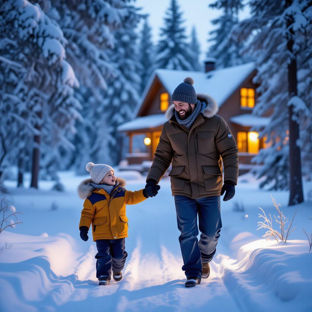 Father and Son Walking Through Snowy Forest Towards Home