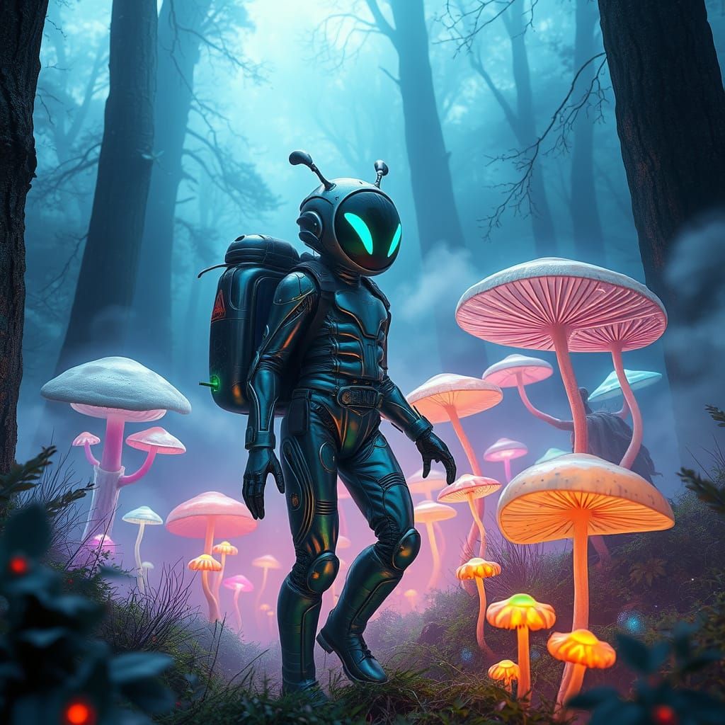 Alien Explorer in Mystical, Fog-Shrouded Forest