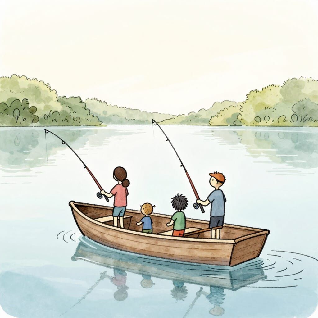 Stick Family Fishing in a Rowboat