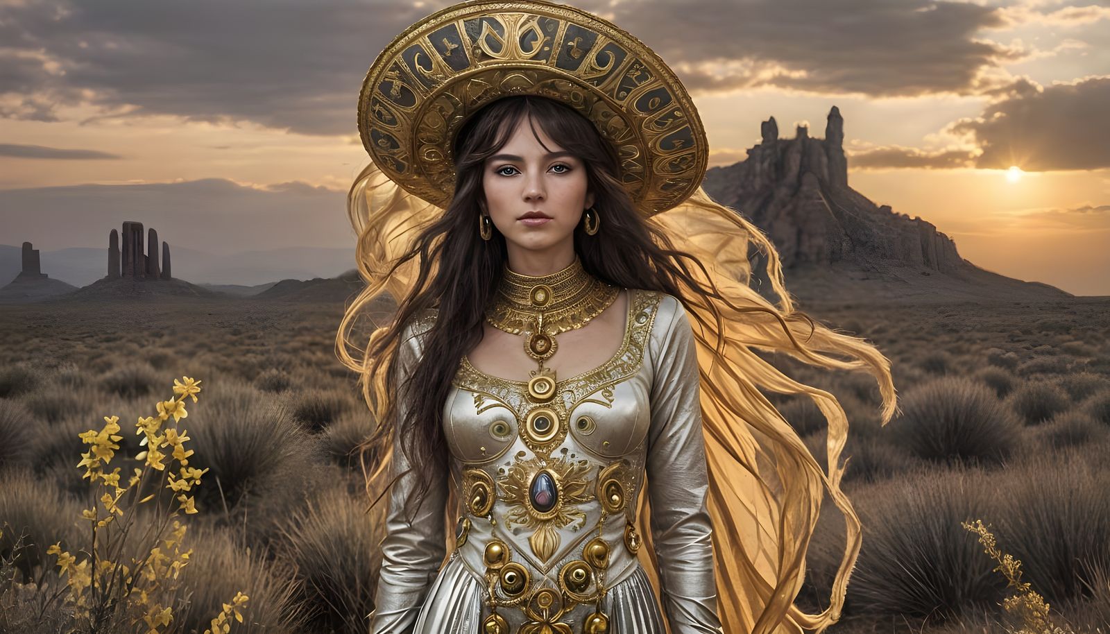 Wolf Shepherdess in Gilded Desert Prairie, Klimt Style