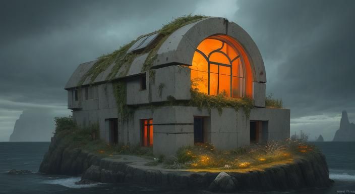 Concrete Cube Garden on Stormy Sea, Hyperdetailed Concept Ar...