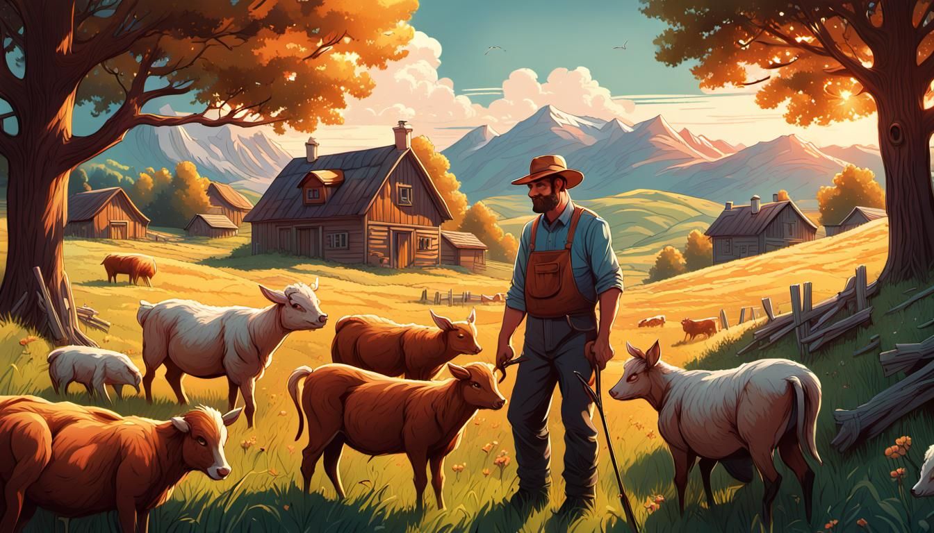 Farmer in Alpine Meadow: Comic Book Art