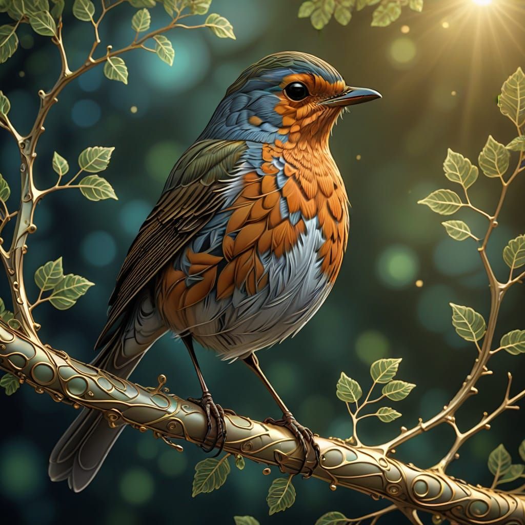 Proud Robin on Branch with Abstract Vector Details
