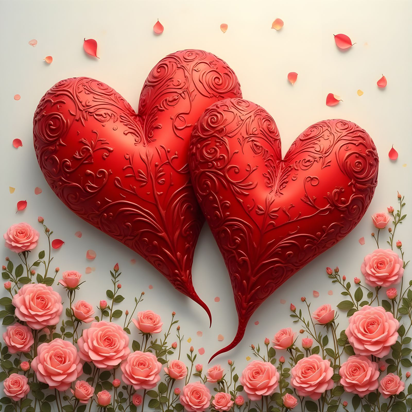 Romantic Red Hearts on a Floral White Background