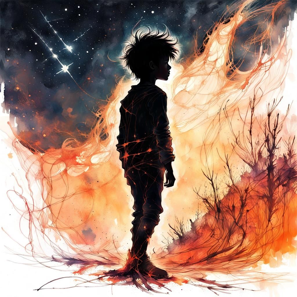 Boy Reaching for Stars in Fiery Night: Fantasy Art
