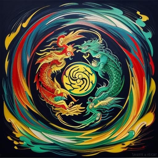 Dragon and Phoenix Yin Yang in Expressionist Oil Painting