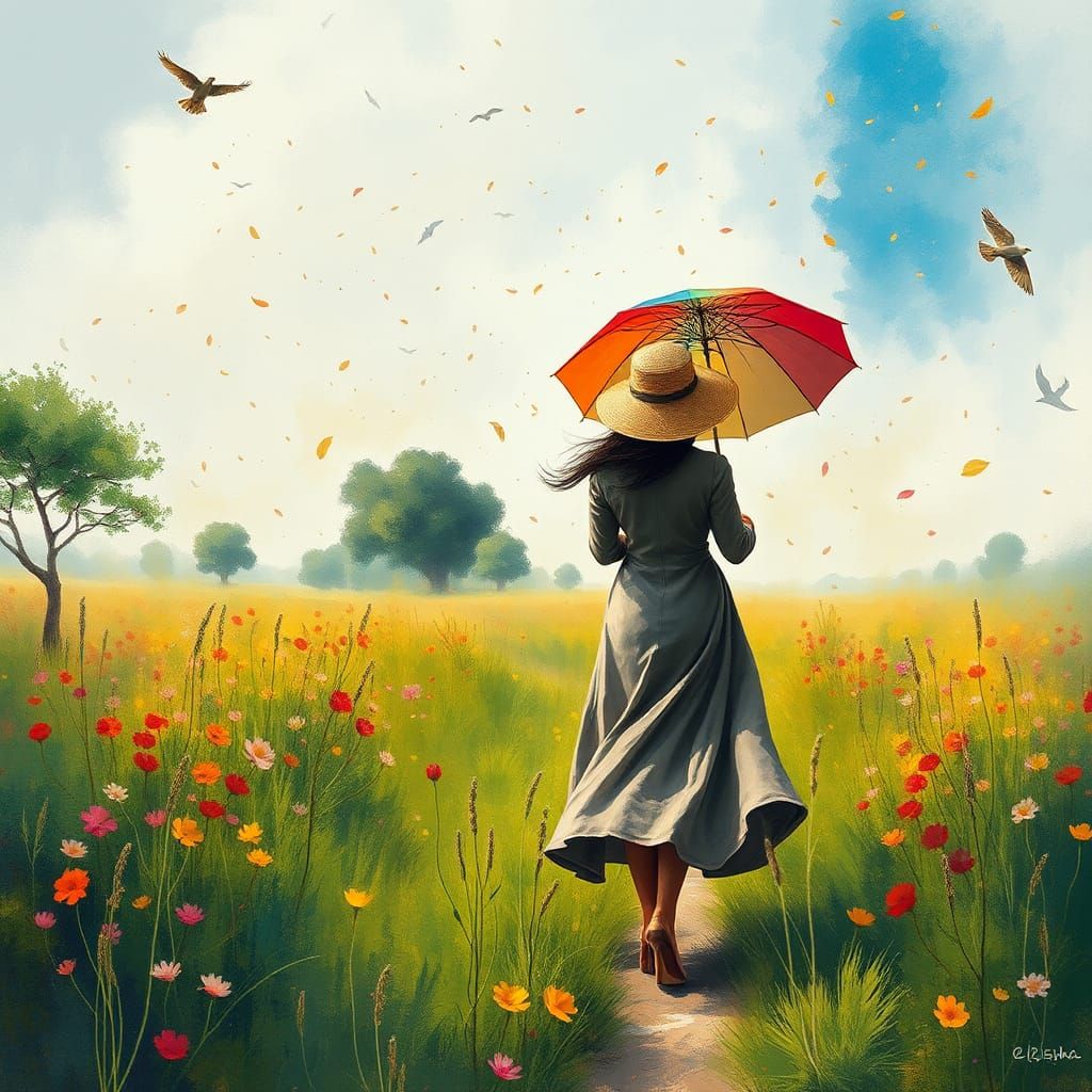 Woman with Umbrella in Windy Meadow, Impressionistic Style