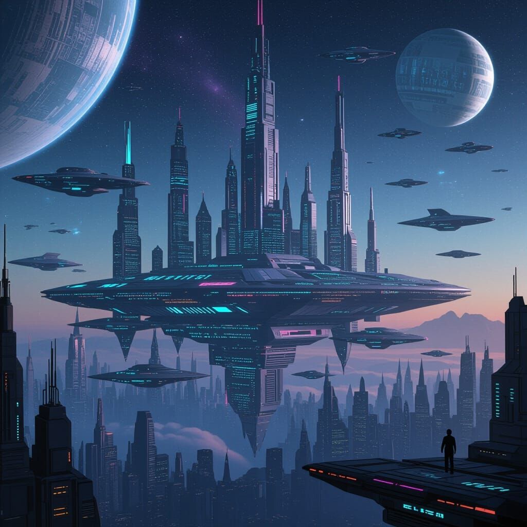 Futuristic Space Citadel City with Neon Architecture