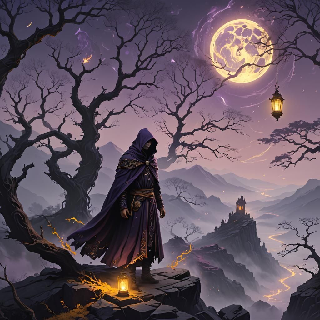 Ethereal Hooded Figure on Cliff in Dark Fantasy Style