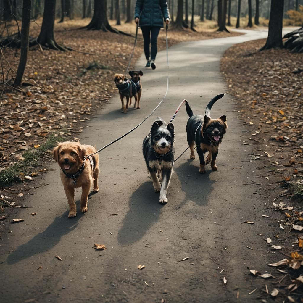 5 cute dogs on leashes going for a walk