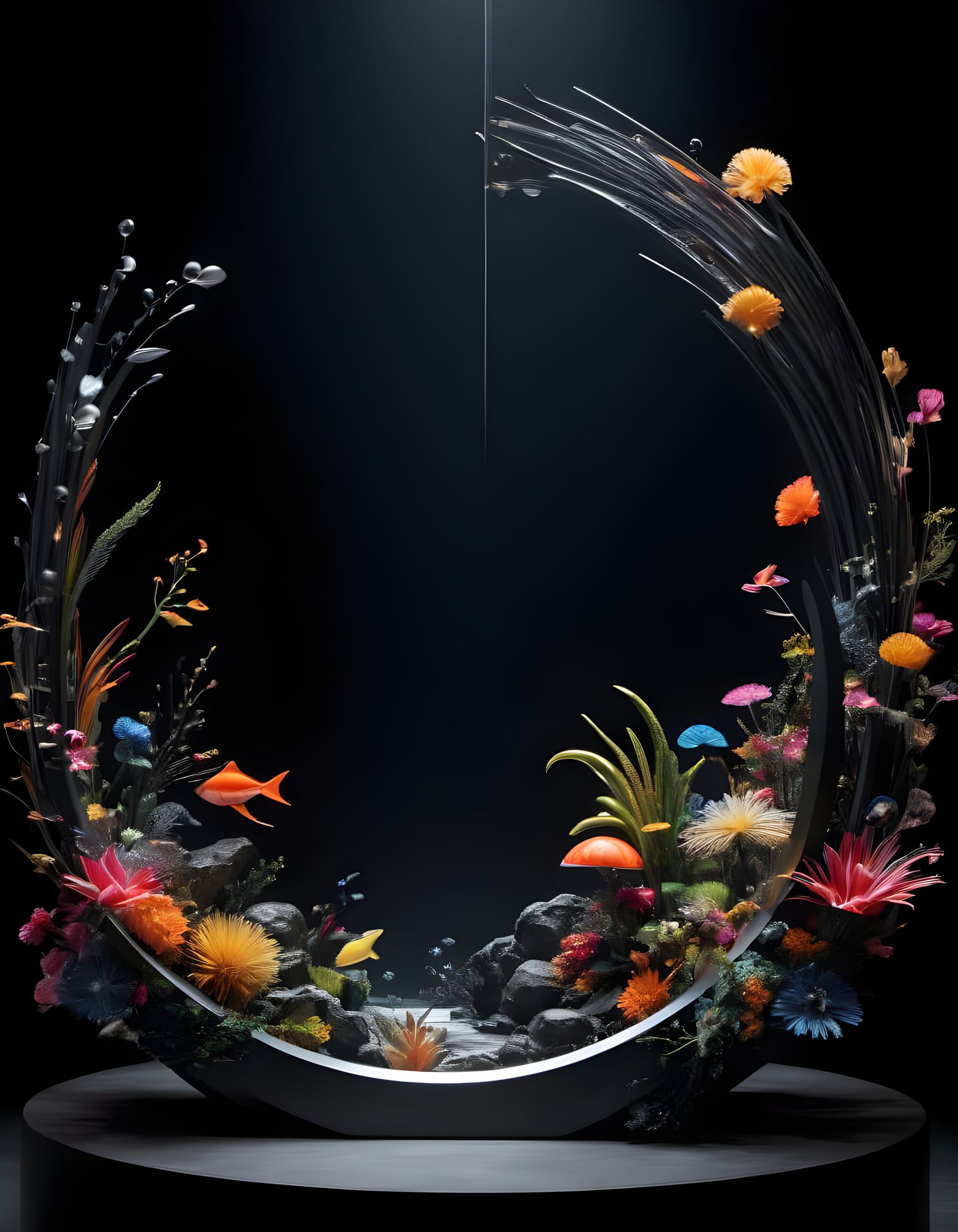 Abstract Sculpture of World Birth in Metal, Wood, and Tulle