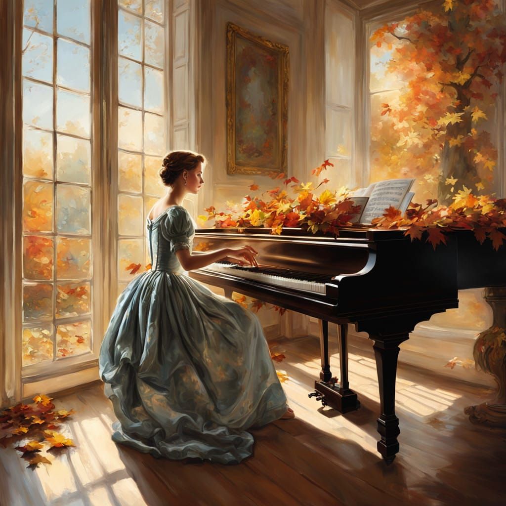 Ethereal French Ballerina Plays Piano Amidst Autumn Dawn
