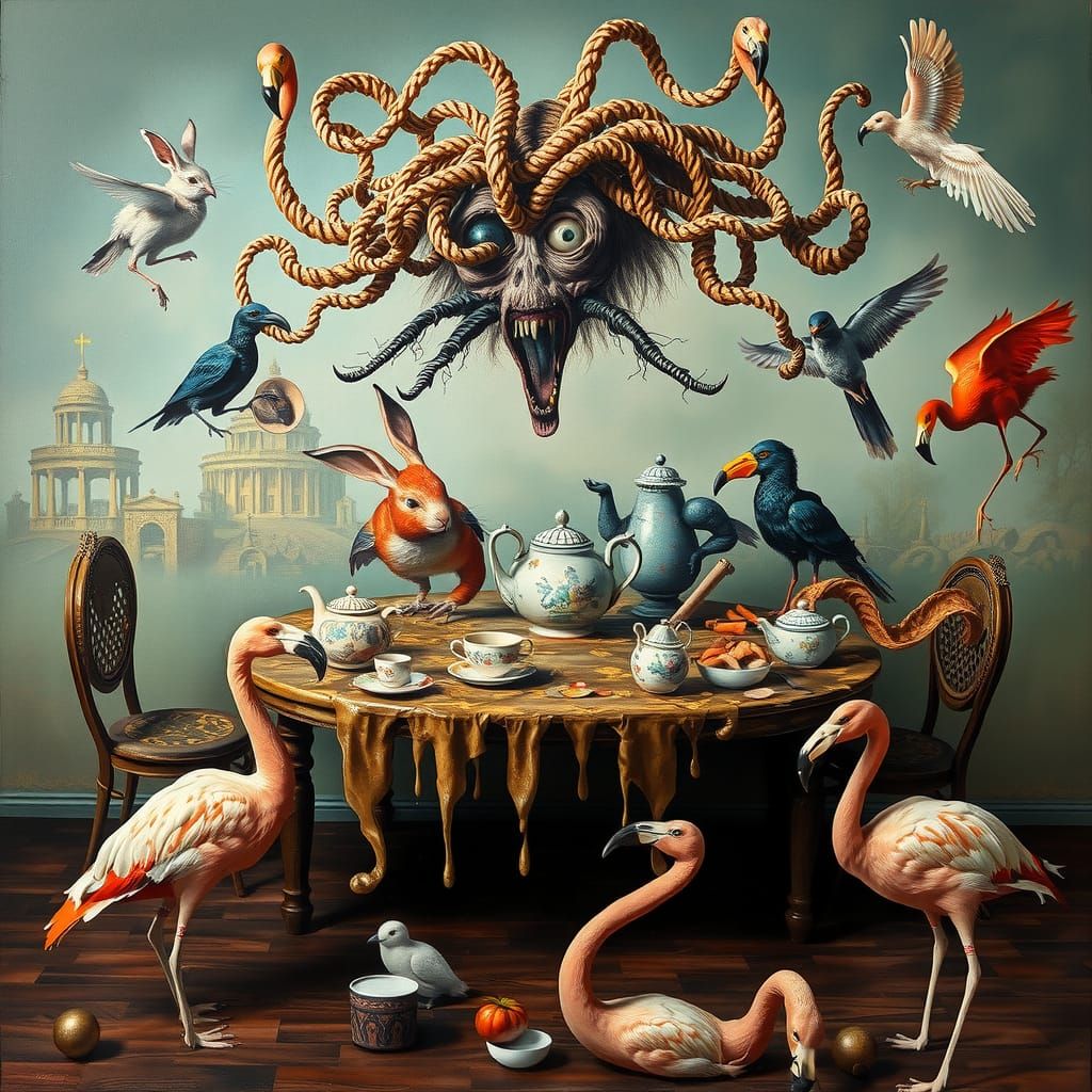 Surreal Tea Party: A Macabre Whimsical Scene