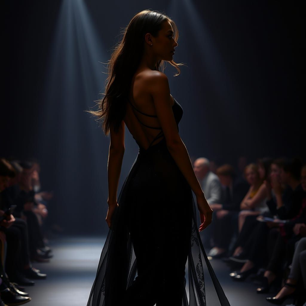 Elegant Fashion Model Struts Down High-Fashion Runway in Ava...