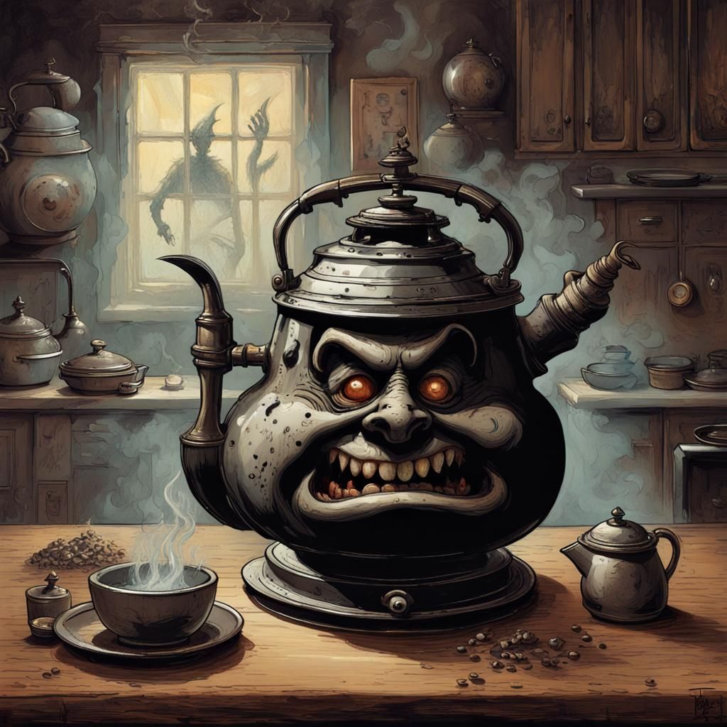 Horror Kitchen with Evil Faced Kettle