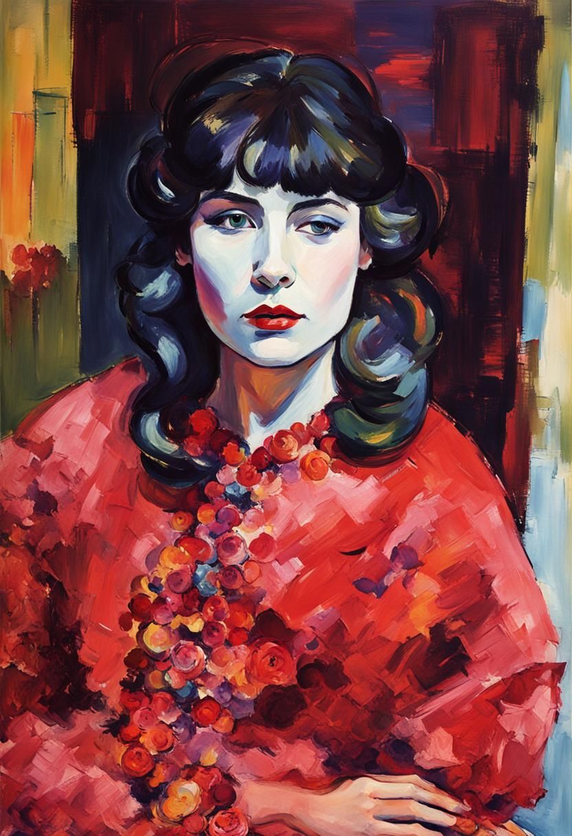 Girl in Red Gown in Fauvist Style