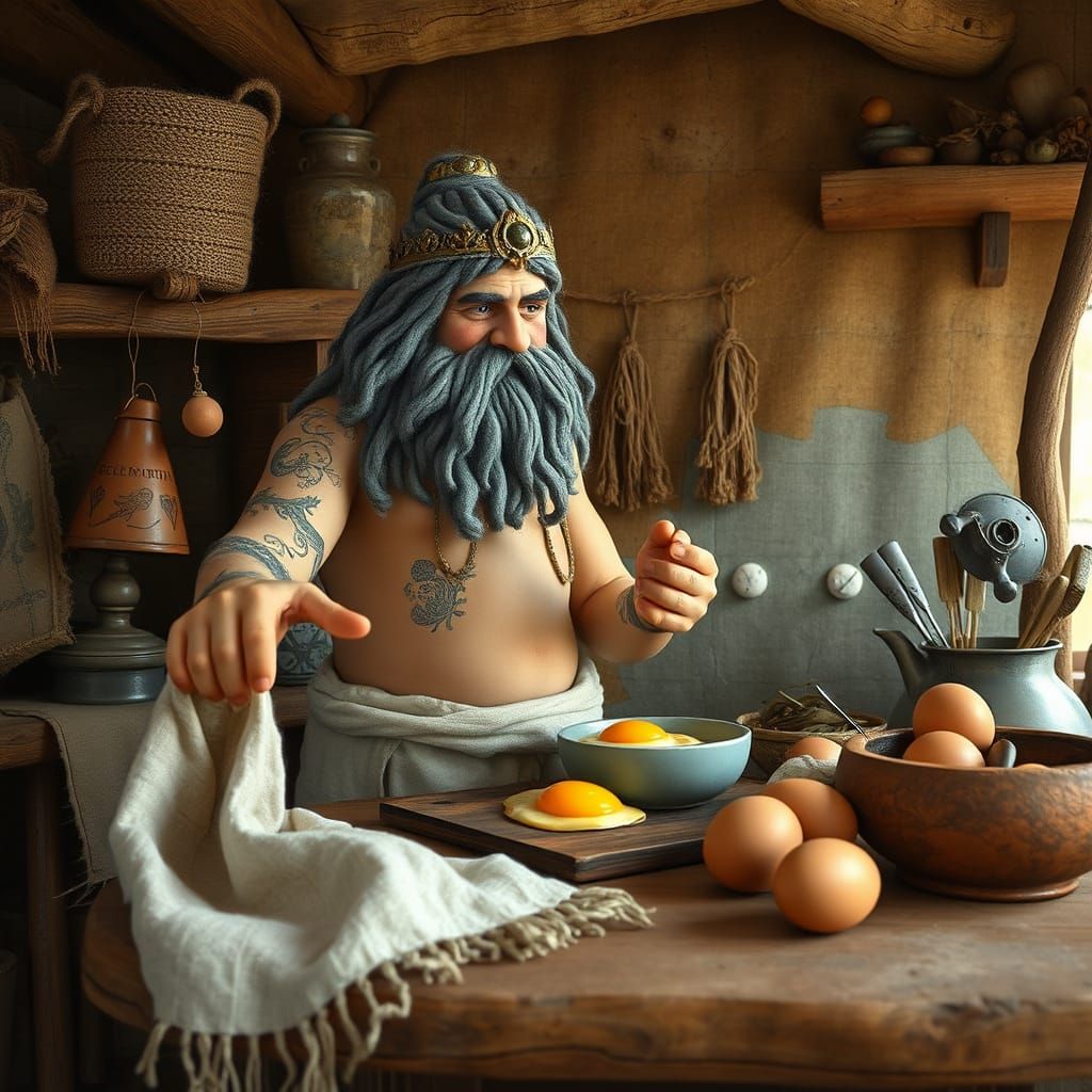 Neptune's Whimsical Kitchen Scene in Folk-Art Style