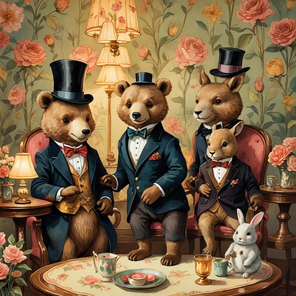 Retro Whimsical Illustration of Bear and Rabbit