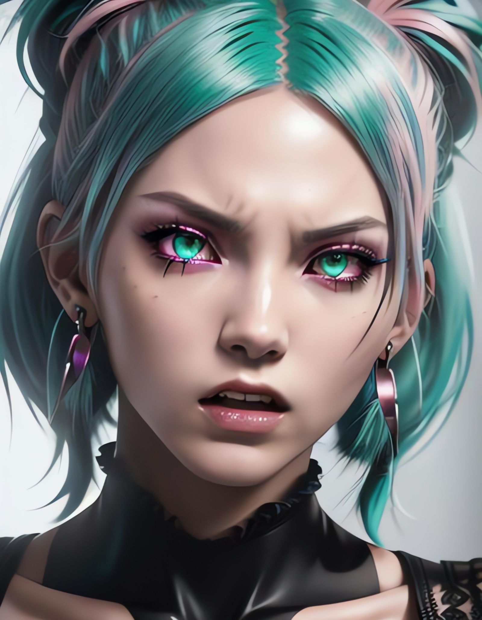 Fierce Anime Girl with Mint Hair and Fangs