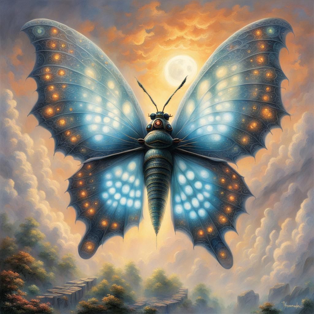 Ethereal Mothra in Light-Filled Clouds