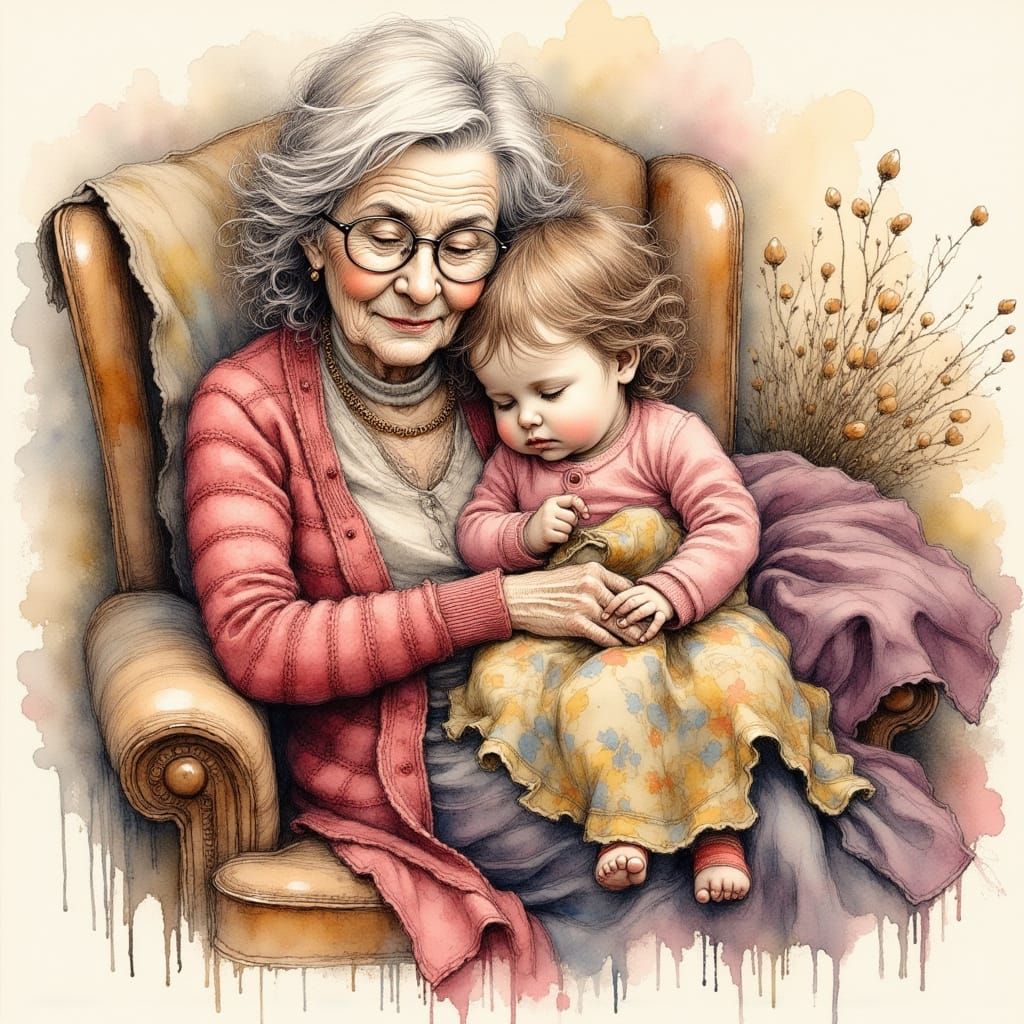 Grandma and Toddler Asleep in Recliner, Ink Illustration