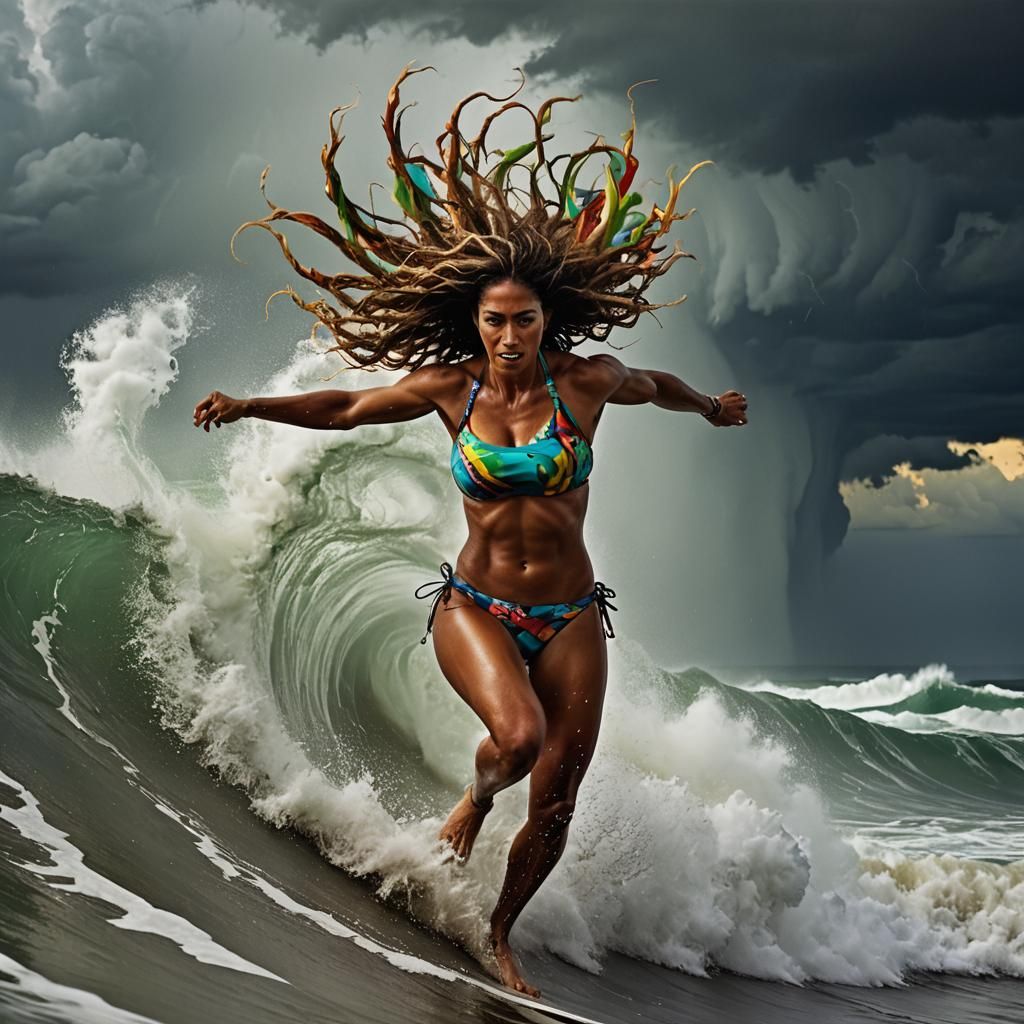 Brazilian Woman Surfing a Tornado in Fantasy Art