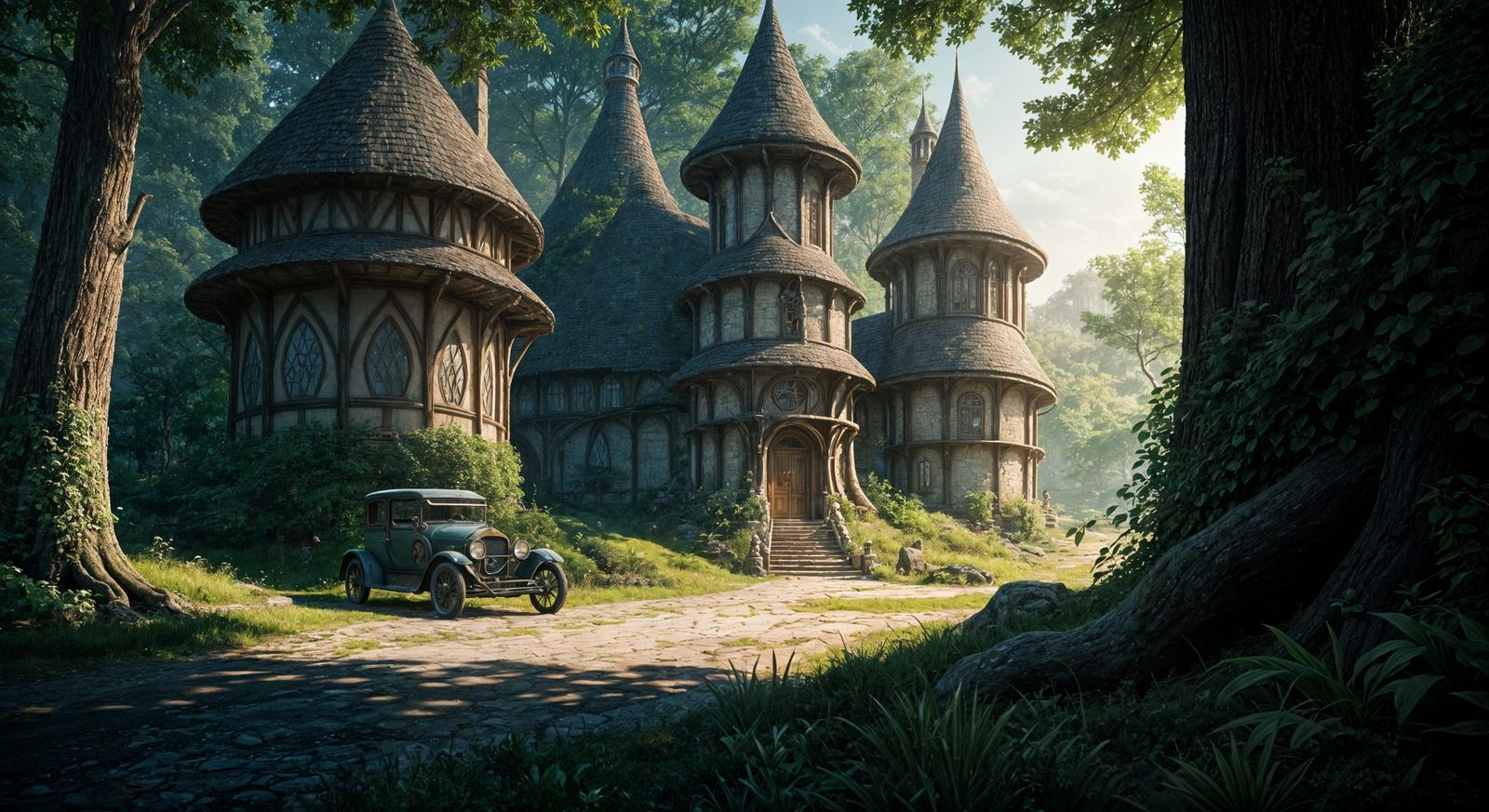 Antique Car Before Elven Cottages in Oak Forest