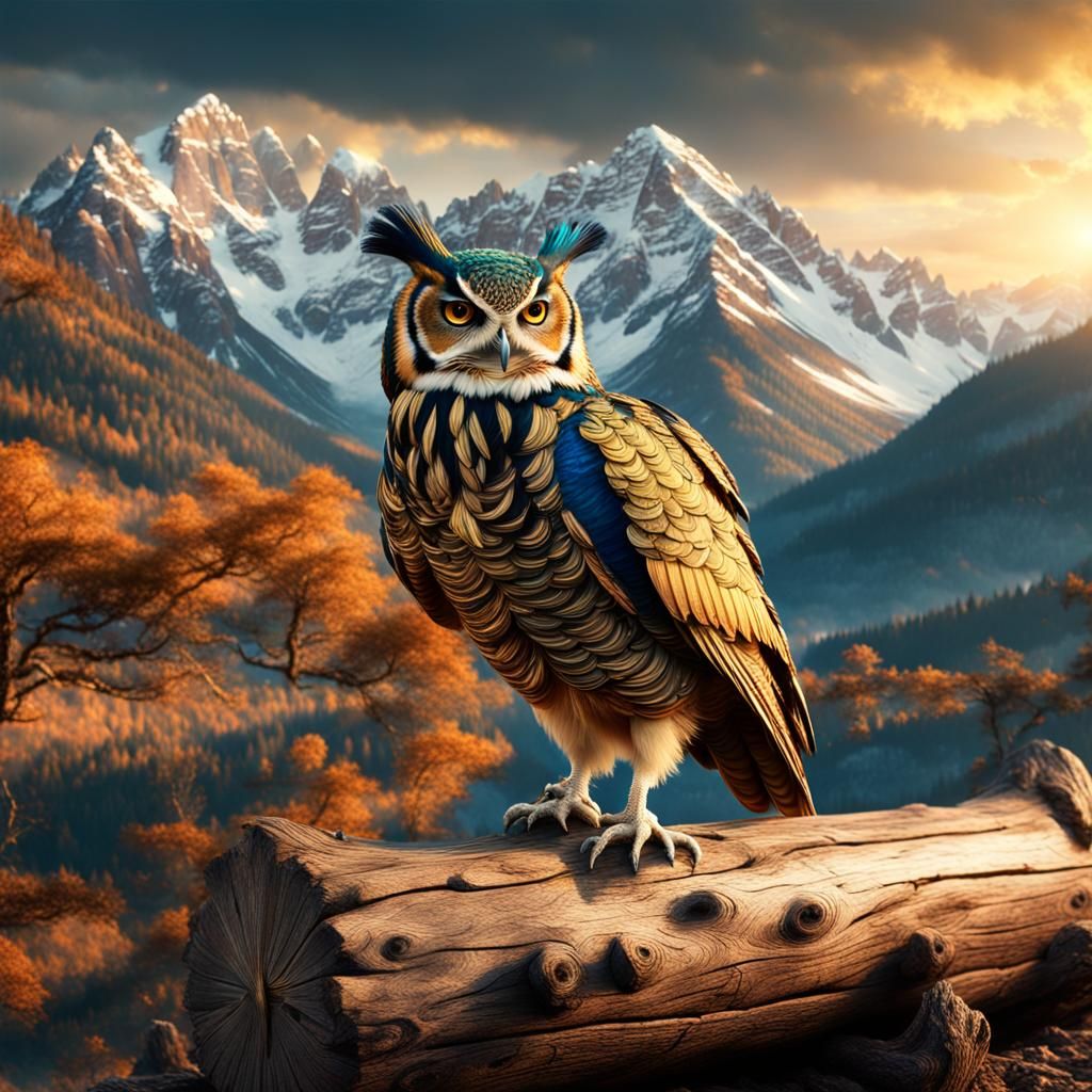 Golden Peacock Owl in Mountain Landscape