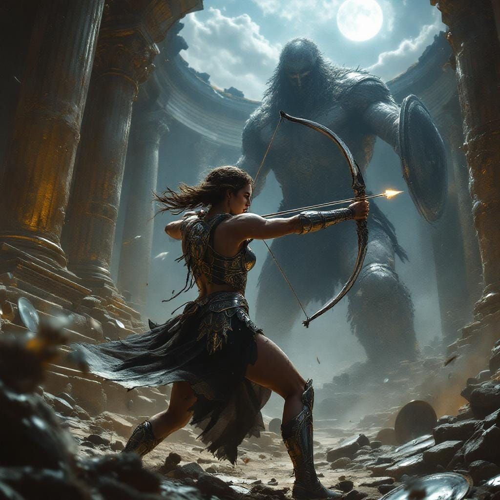 Athena's Moonlit Duel with Titan in Corinthian Ruins