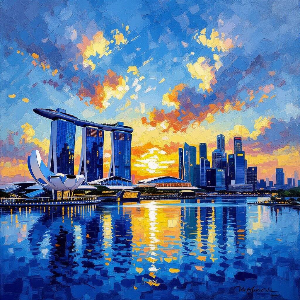 Marina Bay Sands Sunset in Post-Impressionist Style
