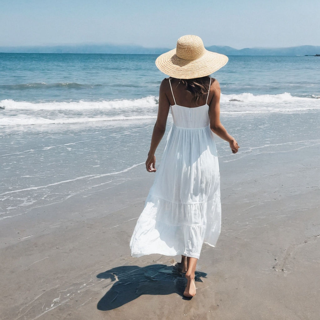 Woman in White Sundress Walks Barefoot Along Seaside