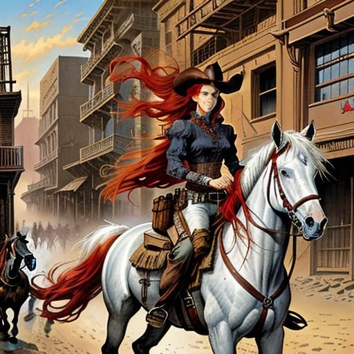 Red-Haired Cowgirl Rides in Comic Book Style