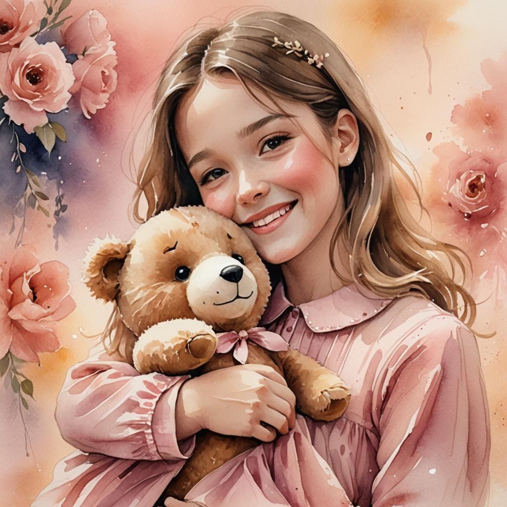 Watercolor Portrait of a Happy Girl with a Teddy Bear in a W...