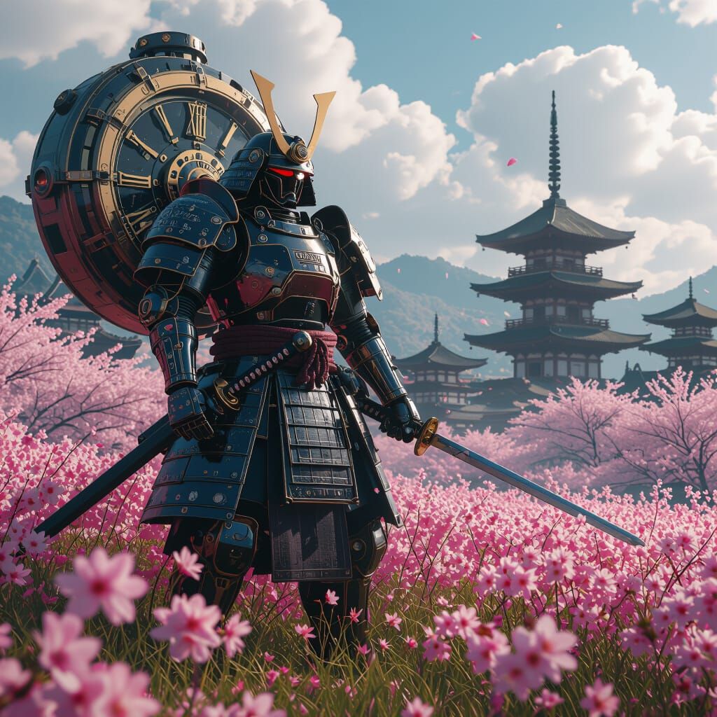 Clockwork Samurai Automaton in Blooming Sakura Field