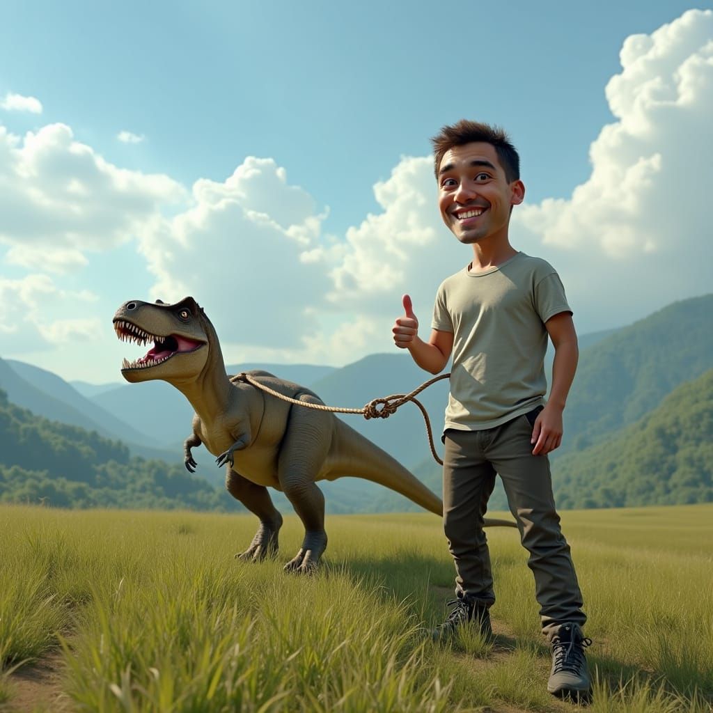 Man and T-Rex in Field, Hyperrealistic Digital Art