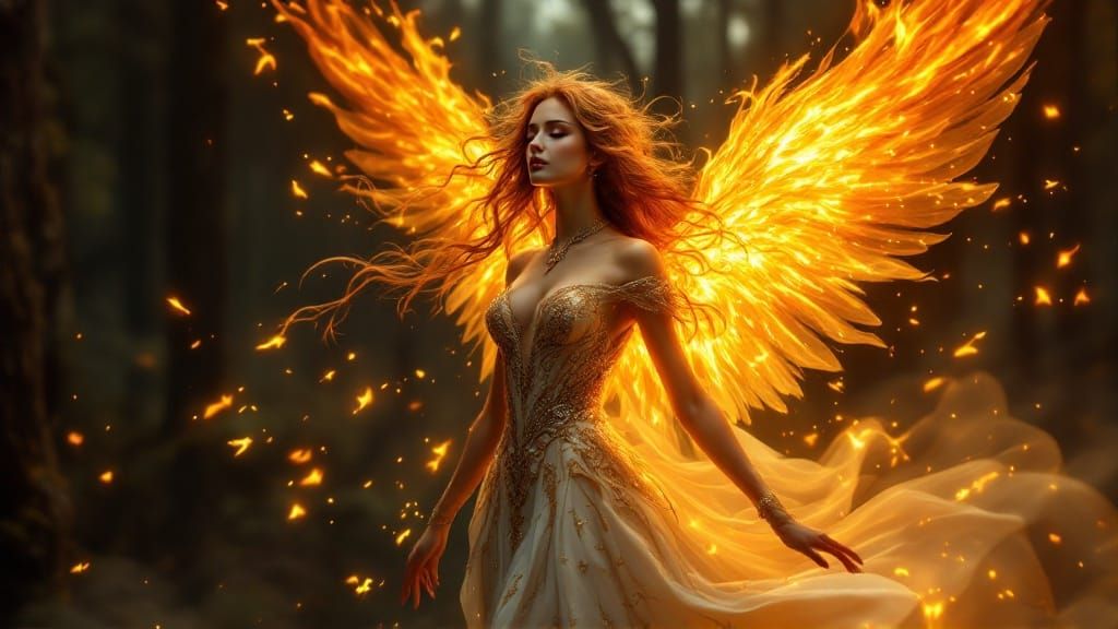 Golden Ember Angel Radiates Warmth in Fiery Fantasy Portrait