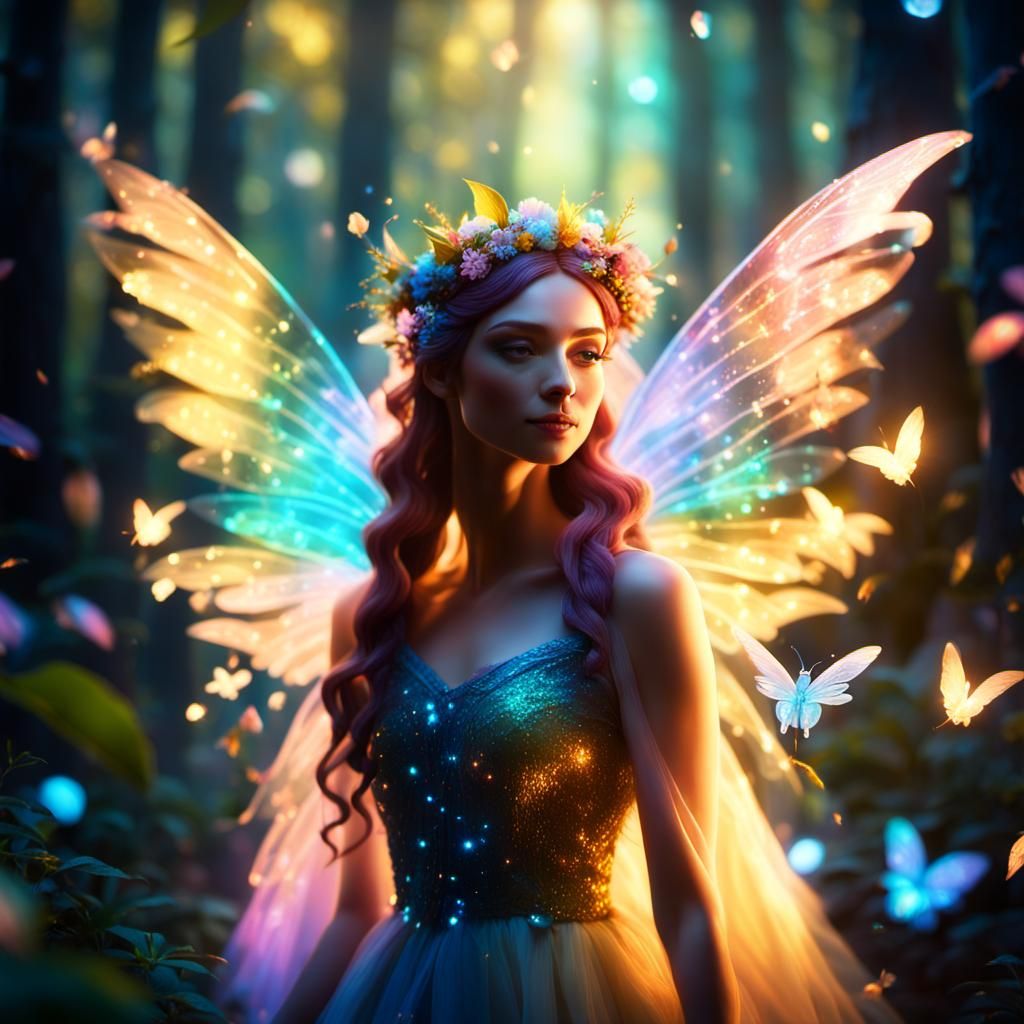 Magical Fairy with Rainbow Wings in Enchanted Forest
