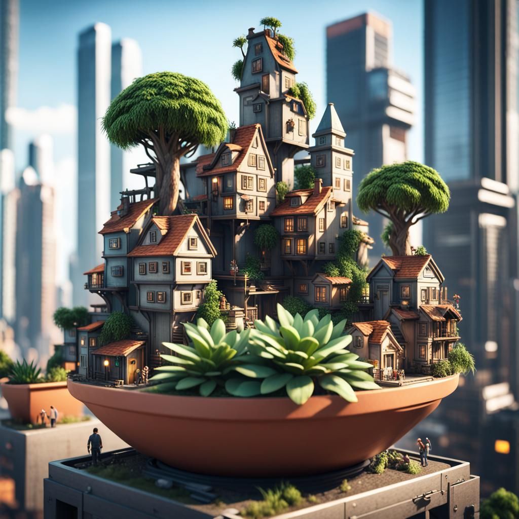 Tiny City in Plant Pot: 3D Game Graphics