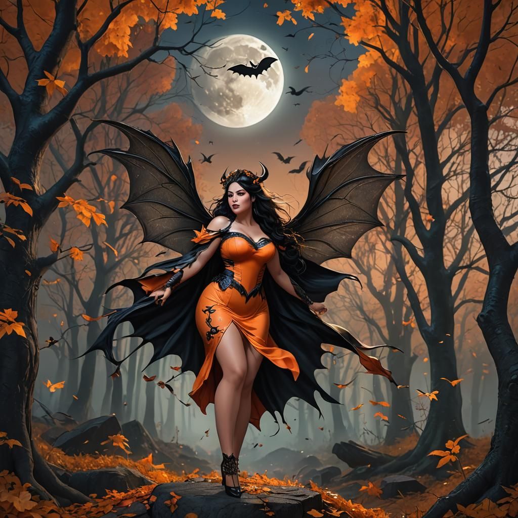 Curvy Fairy with Bat Wings in Autumn Forest
