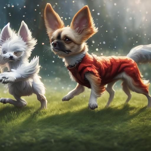 Two small dogs playing catch together in the grass