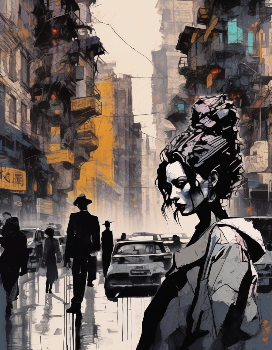 Woman In Neo-Noir Cyberpunk City Street With Heavy Shadows