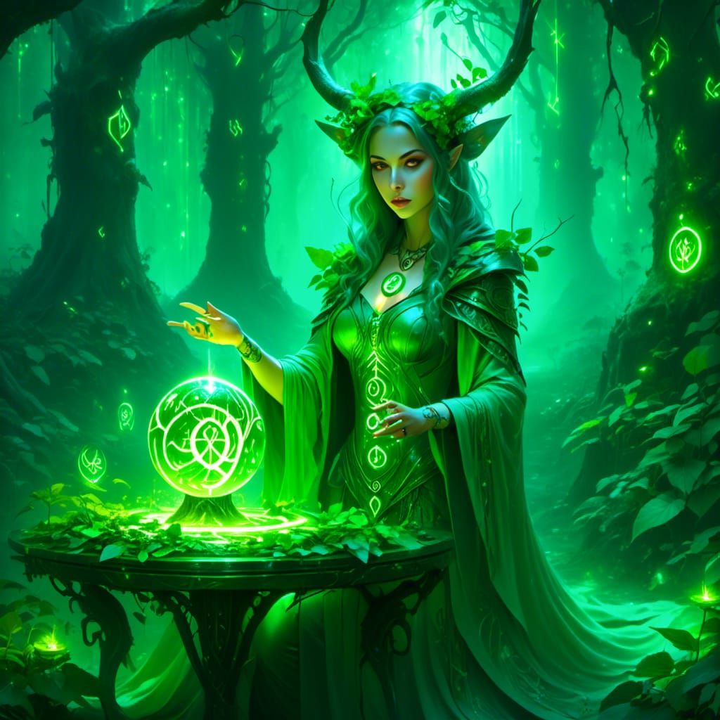 Green Runed Druid Sorceress in Forest
