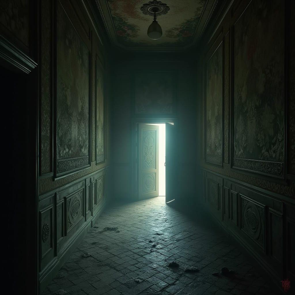 Eerie Abandoned Hallway with Flickering Shadows