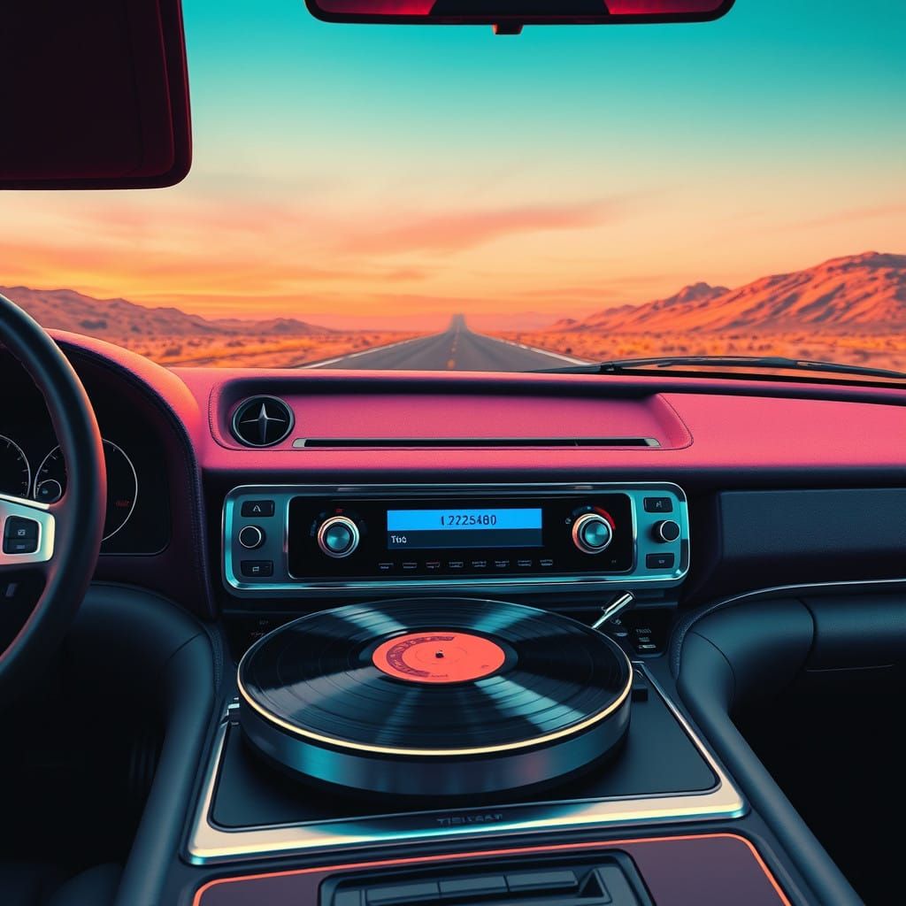 Retro-Futuristic Car Stereo with Vinyl Player
