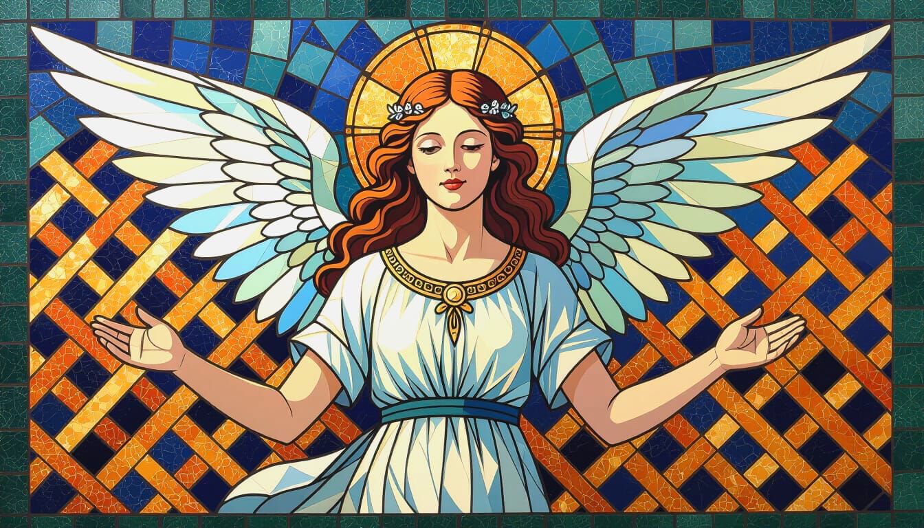 Whimsical Angel Mosaic in Ossified Lattice Style